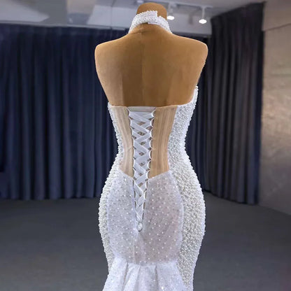White champagne Mermaid Lace Up Luxury Pearls Beaded Bride Gowns Wedding Dress 2025 High End Custom Made HM231033