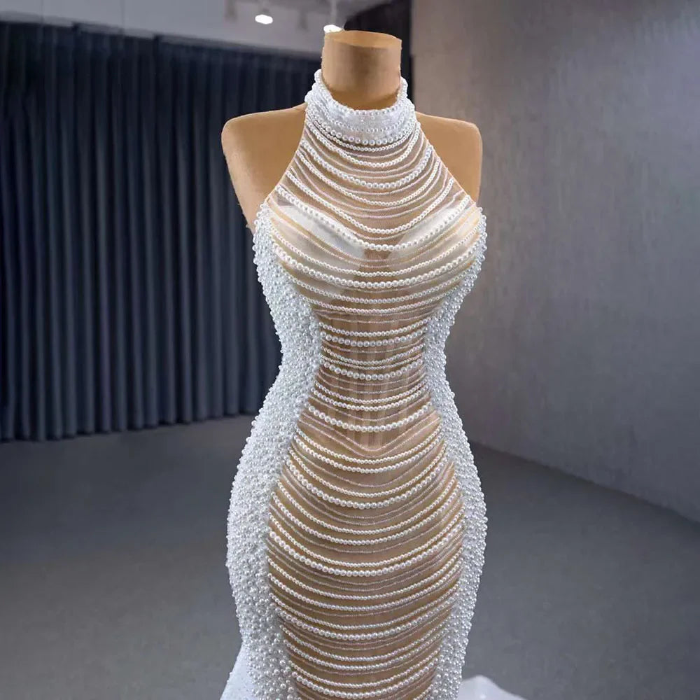 White champagne Mermaid Lace Up Luxury Pearls Beaded Bride Gowns Wedding Dress 2025 High End Custom Made HM231033
