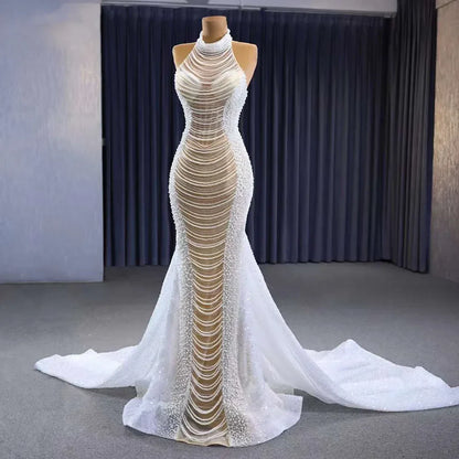 White champagne Mermaid Lace Up Luxury Pearls Beaded Bride Gowns Wedding Dress 2025 High End Custom Made HM231033