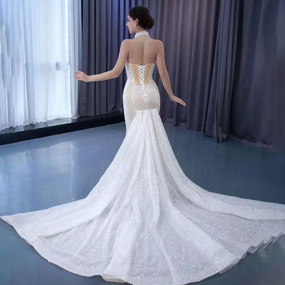 White champagne Mermaid Lace Up Luxury Pearls Beaded Bride Gowns Wedding Dress 2025 High End Custom Made HM231033