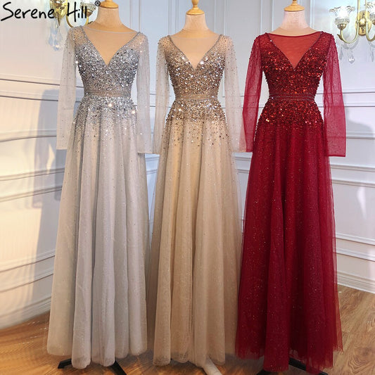 Wine Red A-Line Evening Dresses 2025 Dubai Beading Long Sleeves Sexy Formal Dress Design LA70734