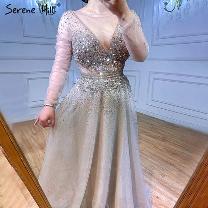 Wine Red A-Line Evening Dresses 2025 Dubai Beading Long Sleeves Sexy Formal Dress Design LA70734
