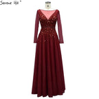 Vestidos de noche estilo Dubái, corte A, color vino tinto, 2025, con mangas largas y cuentas, diseño de vestido formal sexy LA70734 