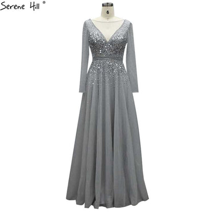 Wine Red A-Line Evening Dresses 2025 Dubai Beading Long Sleeves Sexy Formal Dress Design LA70734