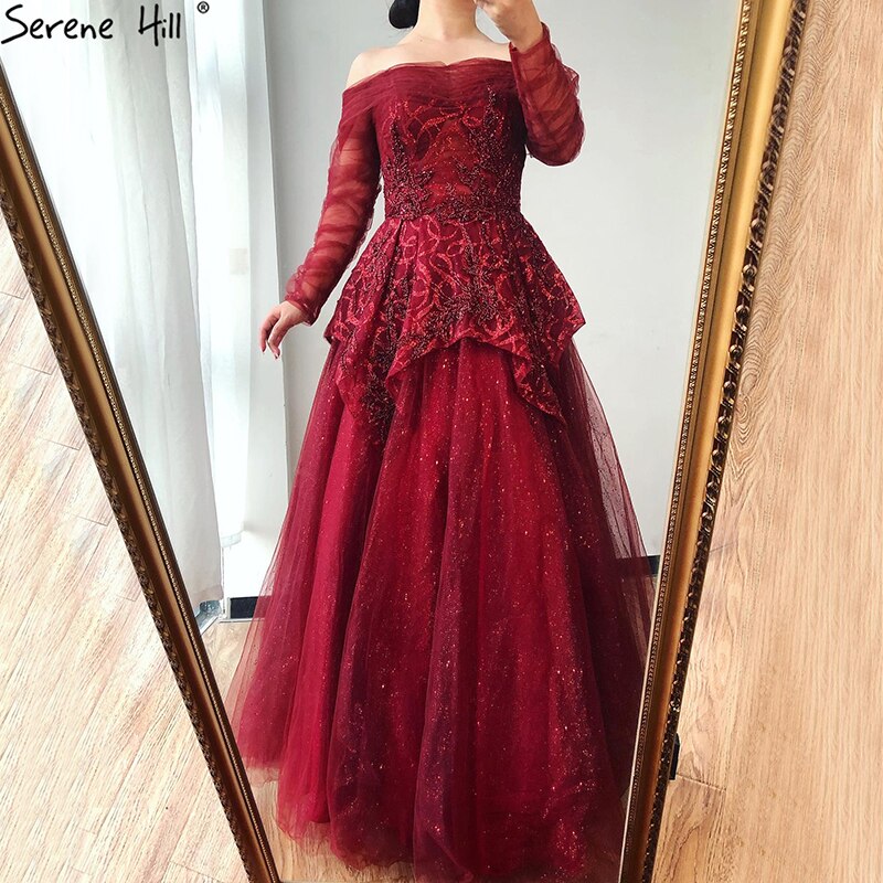 Im Angebot, keine Rückgabe, keine Rückerstattung. Weinrote A-Linien-Abendkleider 2025, Dubai, Perlenbesatz, lange Ärmel, Abendkleid, Design LA70692 