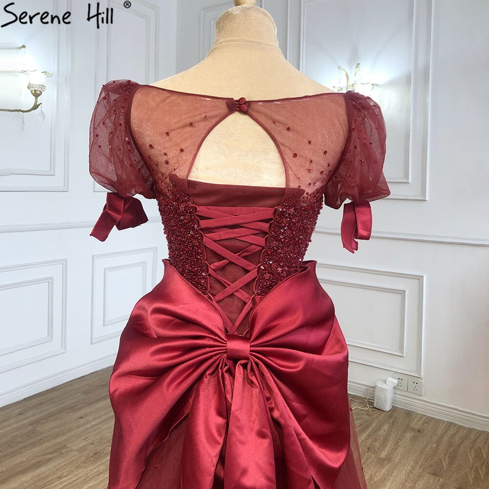 Wine Red A-Line Evening Dresses Gowns 2025 Beaded Bow Puffy Sleeves For Women Party LA71281
