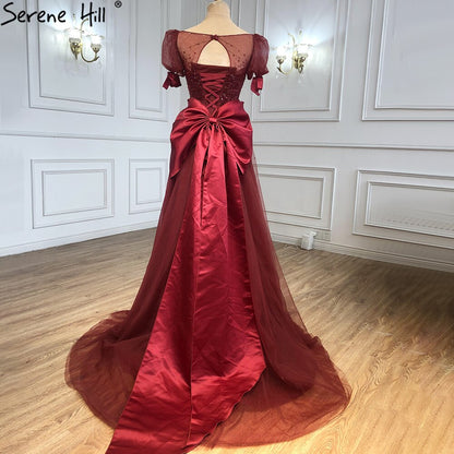 Wine Red A-Line Evening Dresses Gowns 2025 Beaded Bow Puffy Sleeves For Women Party LA71281