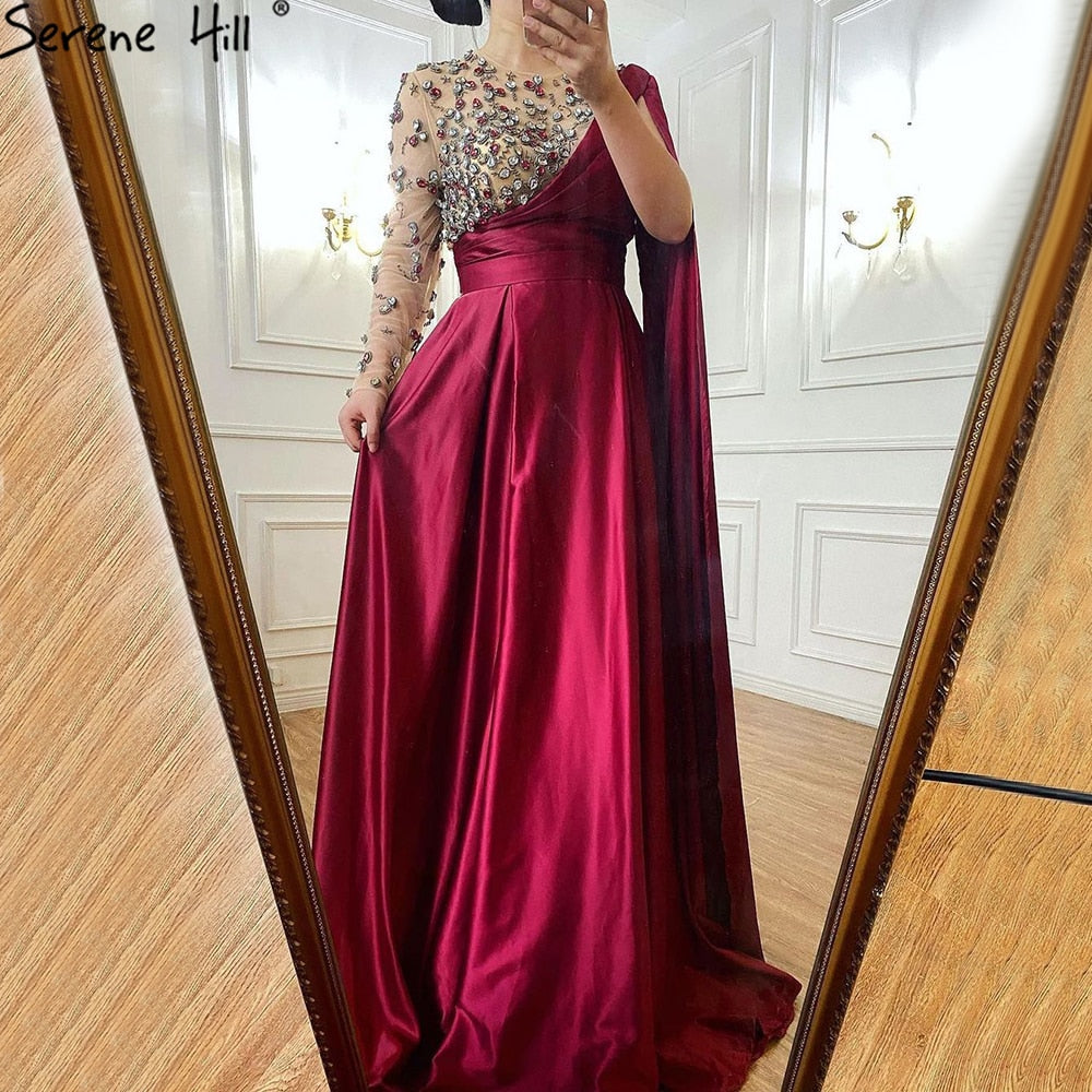 Vestidos de noche de lujo color vino tinto corte A, un hombro, diamantes, satén, para mujer, fiesta, LA70923 