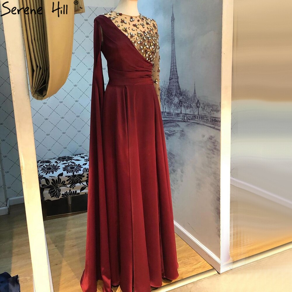 Wine Red A-Line Luxury Evening Dresses Gowns 2025 One Shoulder Diamonds Satin For Woman Party LA70923