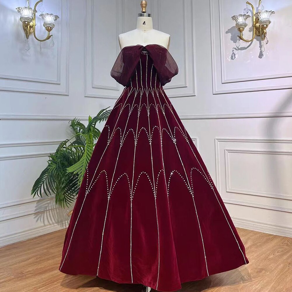Wine Red A Line Sleeveless Boat Neck Beaded Luxury Geometry Pattern Evening Dresses Gowns For Women Party LA71790