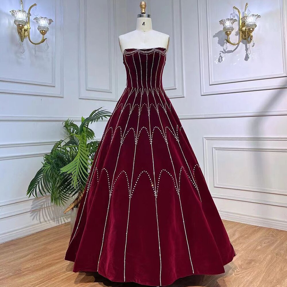 Wine Red A Line Sleeveless Boat Neck Beaded Luxury Geometry Pattern Evening Dresses Gowns For Women Party LA71790