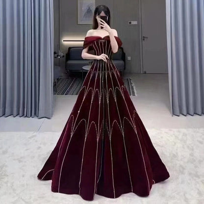 Wine Red A Line Sleeveless Boat Neck Beaded Luxury Geometry Pattern Evening Dresses Gowns For Women Party LA71790