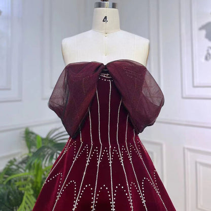 Wine Red A Line Sleeveless Boat Neck Beaded Luxury Geometry Pattern Evening Dresses Gowns For Women Party LA71790
