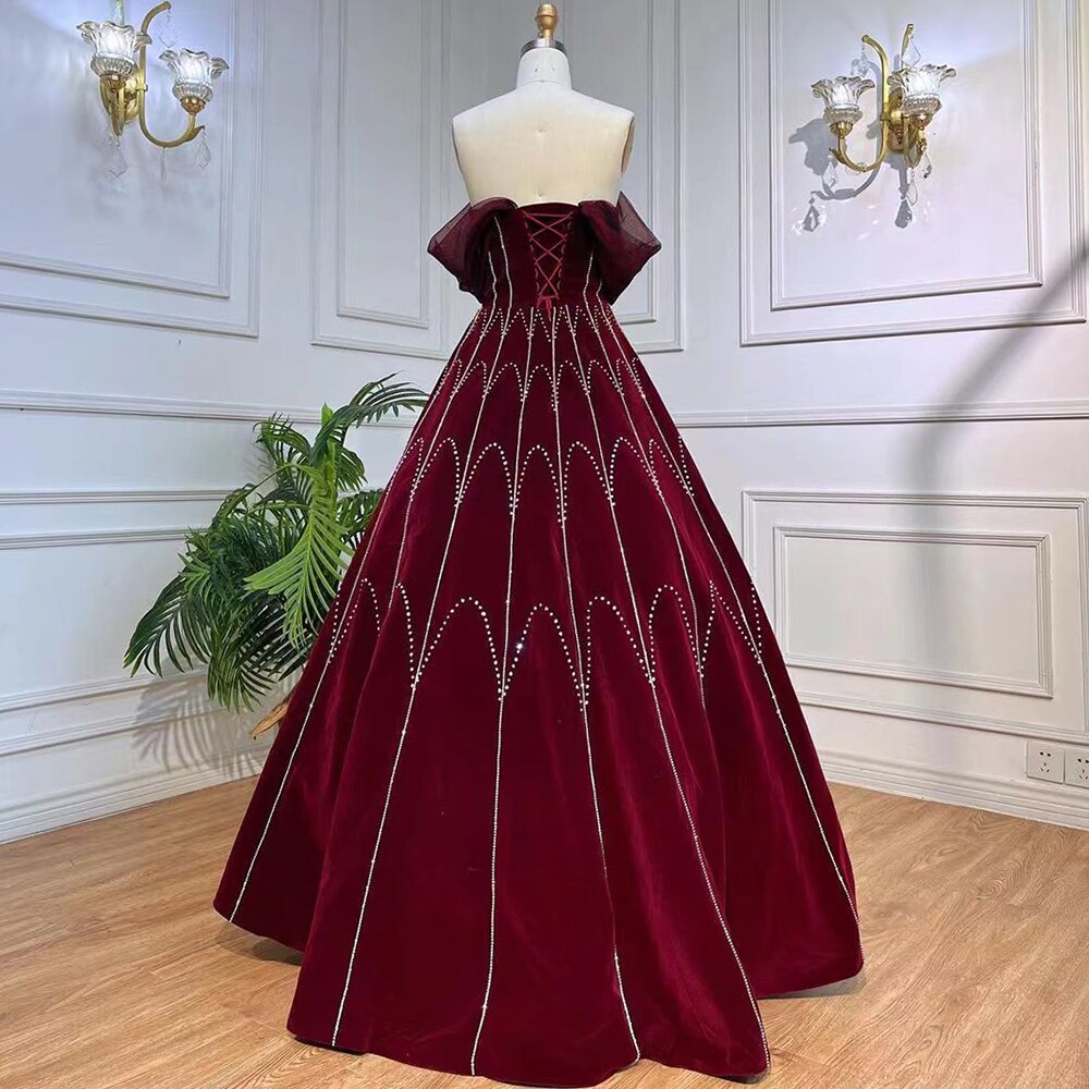 Wine Red A Line Sleeveless Boat Neck Beaded Luxury Geometry Pattern Evening Dresses Gowns For Women Party LA71790