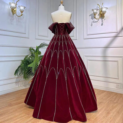 Wine Red A Line Sleeveless Boat Neck Beaded Luxury Geometry Pattern Evening Dresses Gowns For Women Party LA71790