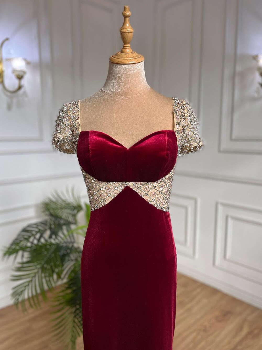 Weinrot Perlen Arabisch Abendkleider Meerjungfrau Luxus Elegant Für Frauen Party LA71876 