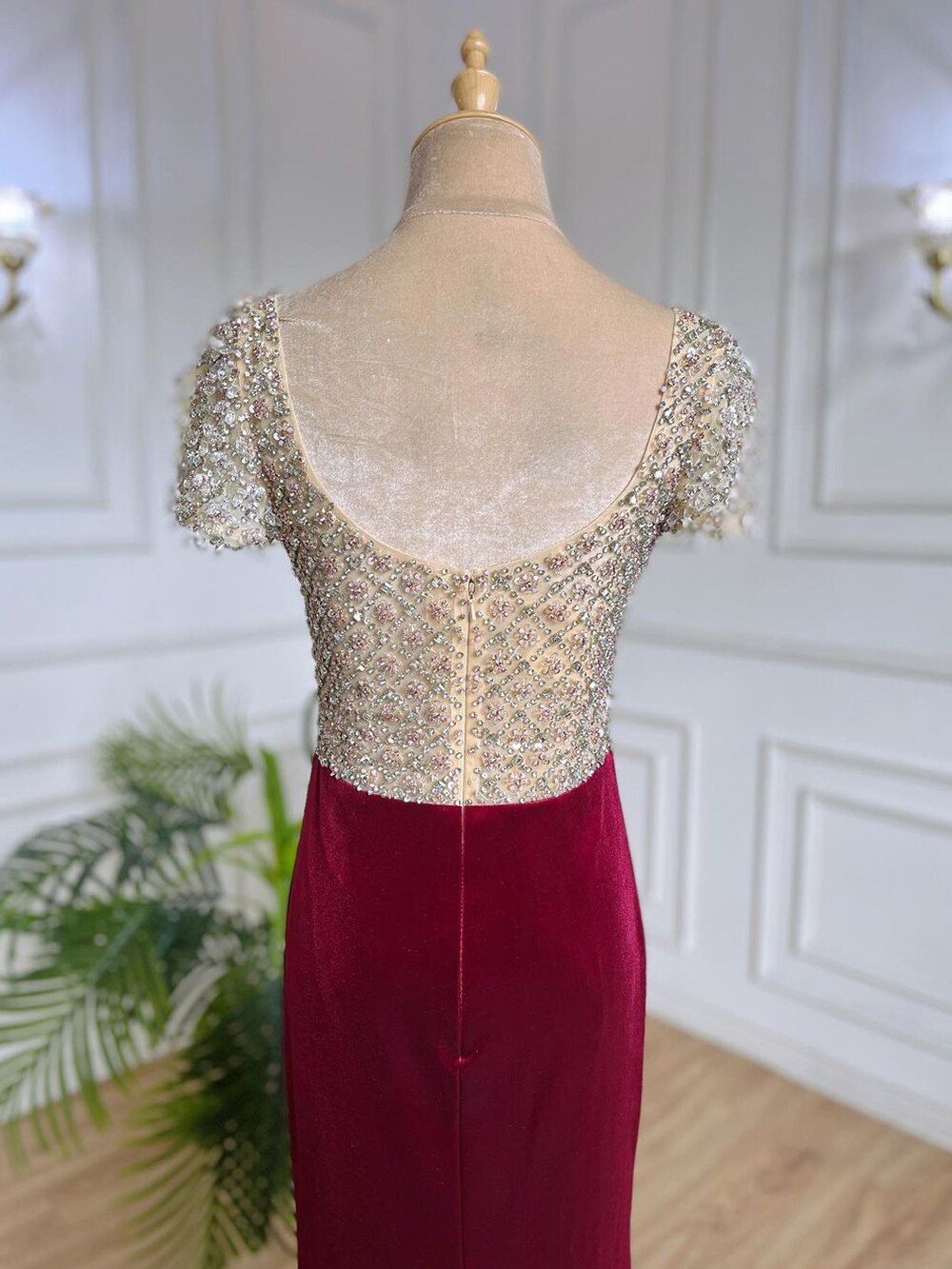 Weinrot Perlen Arabisch Abendkleider Meerjungfrau Luxus Elegant Für Frauen Party LA71876 