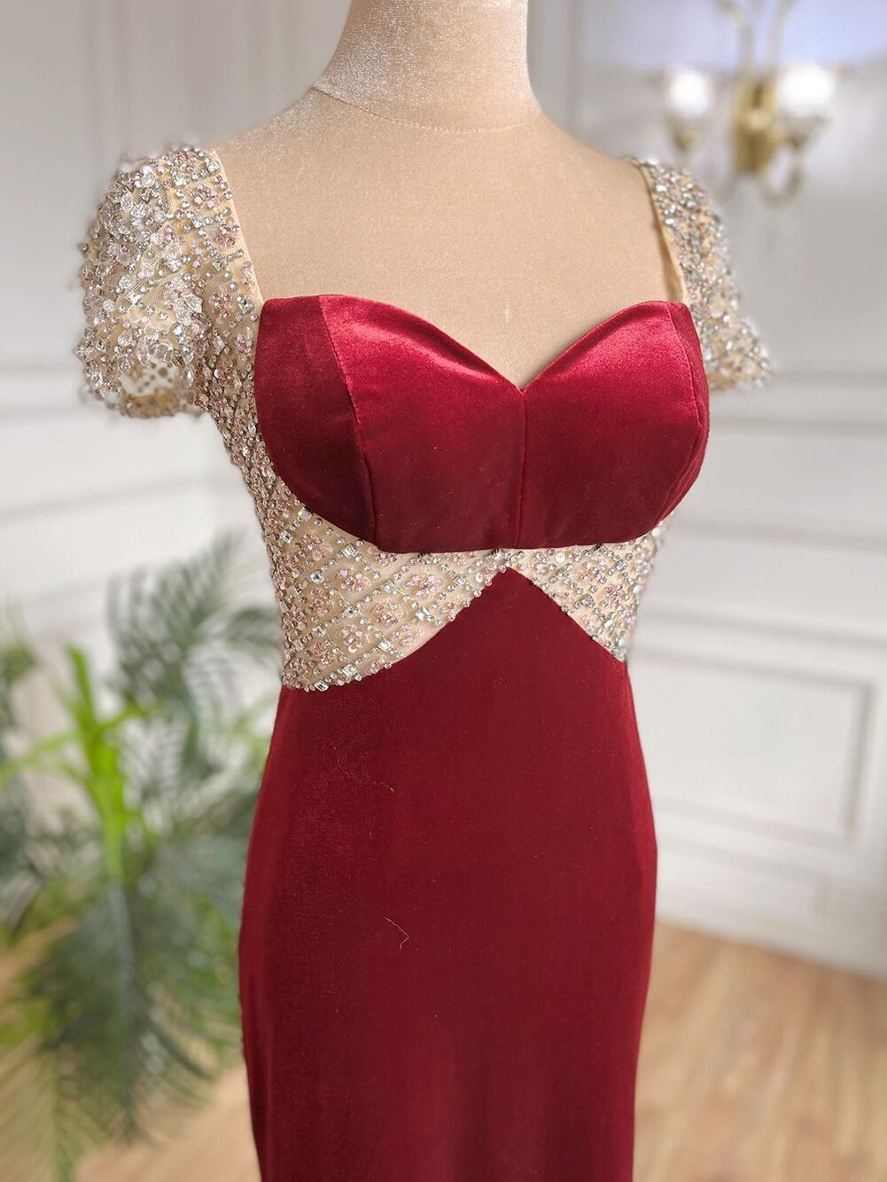 Weinrot Perlen Arabisch Abendkleider Meerjungfrau Luxus Elegant Für Frauen Party LA71876 