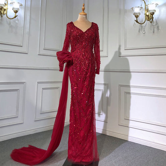 Wine Red Elegant Mermaid Evening Dresses Gowns 2025 Luxury Beaded Overskirt For Women Party LA71642