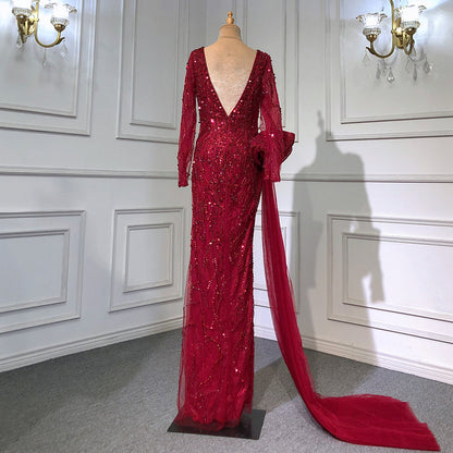 Wine Red Elegant Mermaid Evening Dresses Gowns 2025 Luxury Beaded Overskirt For Women Party LA71642
