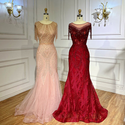 Wine Red Elegant Mermaid Lace Beaded Tassel Arabic Luxury Evening Dresses Gowns 2025 For Women Wedding Party LA71834