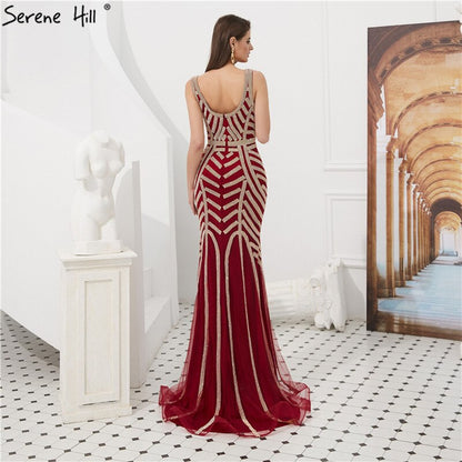 En oferta, sin devolución ni reembolso, venta de vestidos de noche de color rojo vino con diamantes, vestidos de lujo de sirena 2025, sexys y elegantes para mujer, fiesta LA6212 