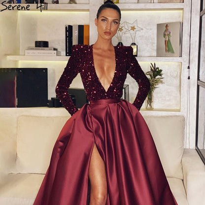 Wine Red High Split Evening Dresses Gowns 2025 Luxury Sparkle Mikaduo For Woman Party LA71062