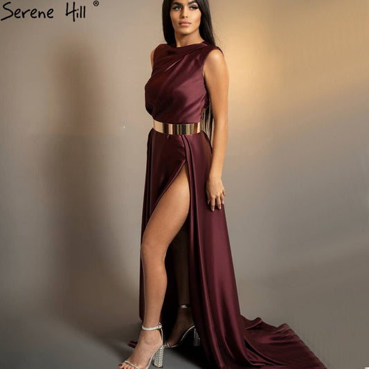 Wine Red High Split Evening Dresses Gowns 2025 Sashes Simple Satin A-Line For Women Party LA71137