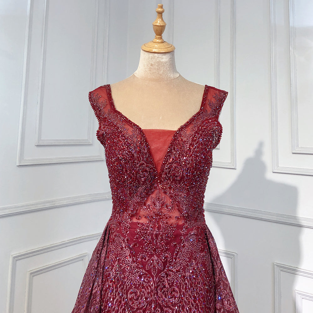 Wine Red Luxury Evening Dresses Gowns 2025 Beaded Mermaid Elegant Overskirt For Women Party LA71611