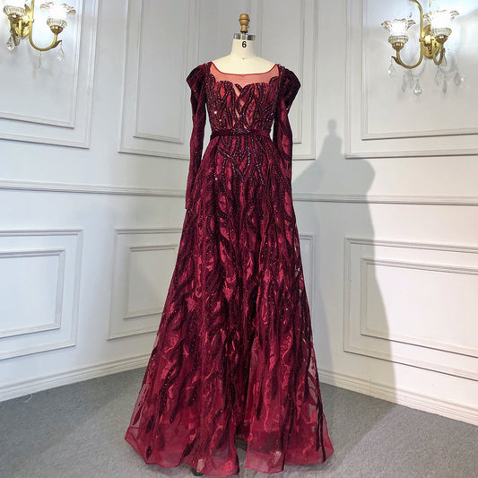 Wine Red Mermaid Elegant Evening Velvet Muslim Dresses Long Sleeves 2025 Beaded Luxury For Women Party LA71637