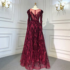 Wine Red Mermaid Elegant Evening Velvet Muslim Dresses Long Sleeves 2025 Beaded Luxury For Women Party LA71637