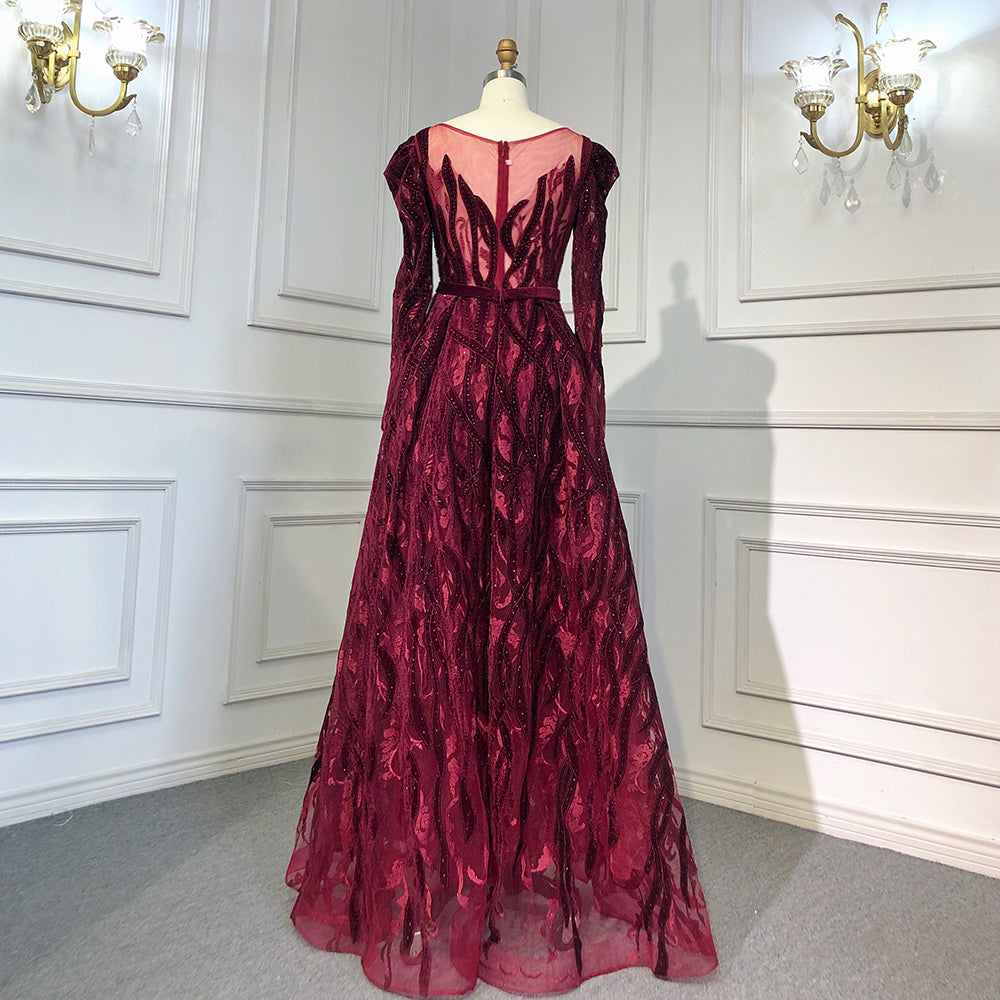 Wine Red Mermaid Elegant Evening Velvet Muslim Dresses Long Sleeves 2025 Beaded Luxury For Women Party LA71637