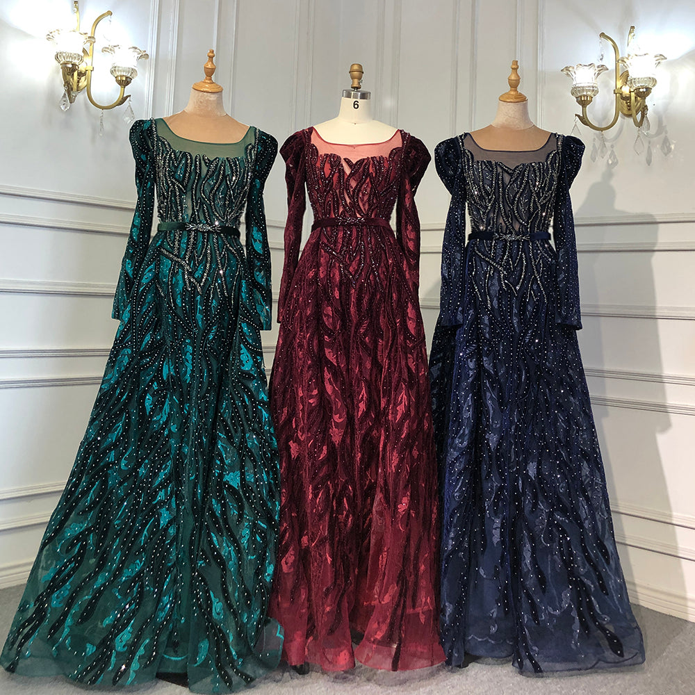 Wine Red Mermaid Elegant Evening Velvet Muslim Dresses Long Sleeves 2025 Beaded Luxury For Women Party LA71637