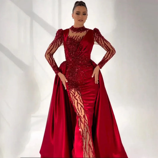 Wine Red Mermaid Luxury Lace Beaded Satin Evening Dresses Dubai Formal Gowns 2025 For Woman Wedding Party LA72202