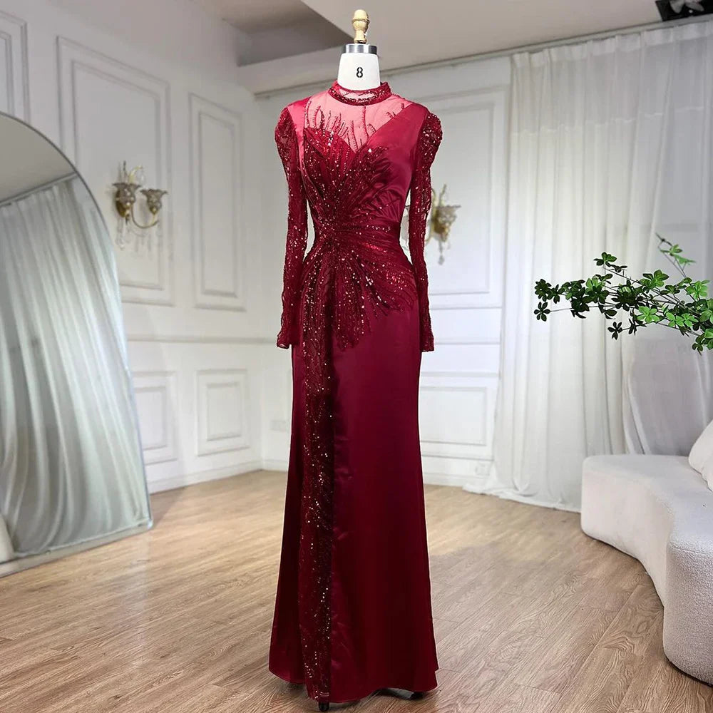Weinrot Meerjungfrau Luxus Spitze Perlen Satin Abendkleider Dubai Formale Kleider 2025 Für Frau Hochzeit Party LA72202 