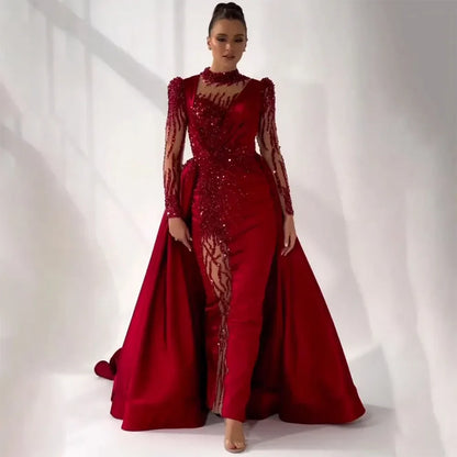 Wine Red Mermaid Luxury Lace Beaded Satin Evening Dresses Dubai Formal Gowns 2025 For Woman Wedding Party LA72202