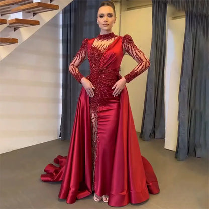 Wine Red Mermaid Luxury Lace Beaded Satin Evening Dresses Dubai Formal Gowns 2025 For Woman Wedding Party LA72202