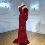 Vestidos de noche elegantes de sirena color vino tinto con brillo 2025, de lujo, con un solo hombro para mujer, para fiesta LA71306 