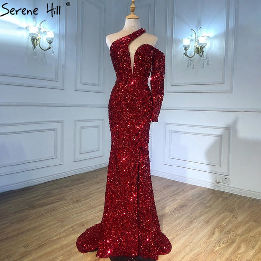 Wine Red Mermaid Sparkle Evening Dresses Gowns 2025 Luxury Elegant One Shoulder For Women Party LA71306