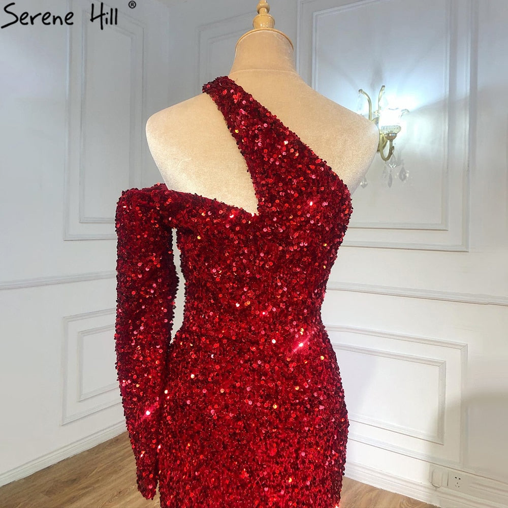 Vestidos de noche elegantes de sirena color vino tinto con brillo 2025, de lujo, con un solo hombro para mujer, para fiesta LA71306 