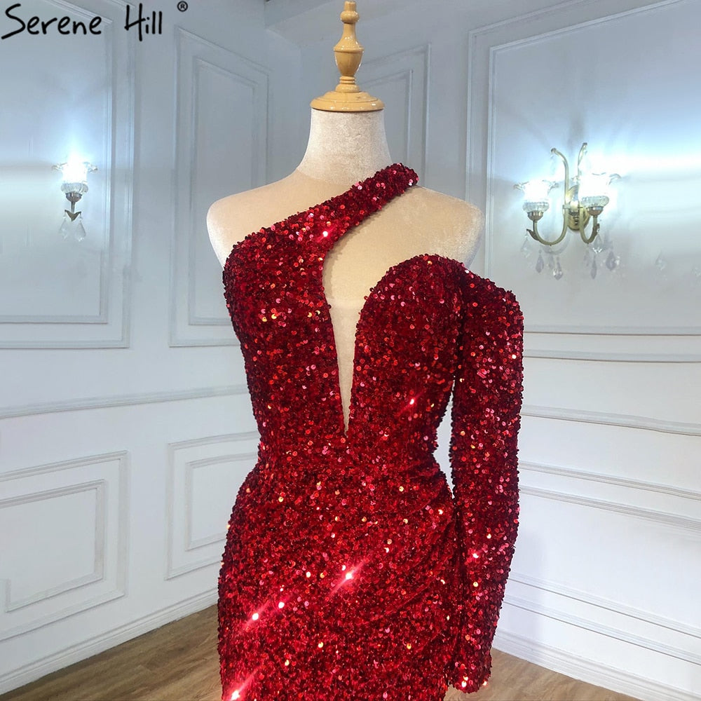 Vestidos de noche elegantes de sirena color vino tinto con brillo 2025, de lujo, con un solo hombro para mujer, para fiesta LA71306 