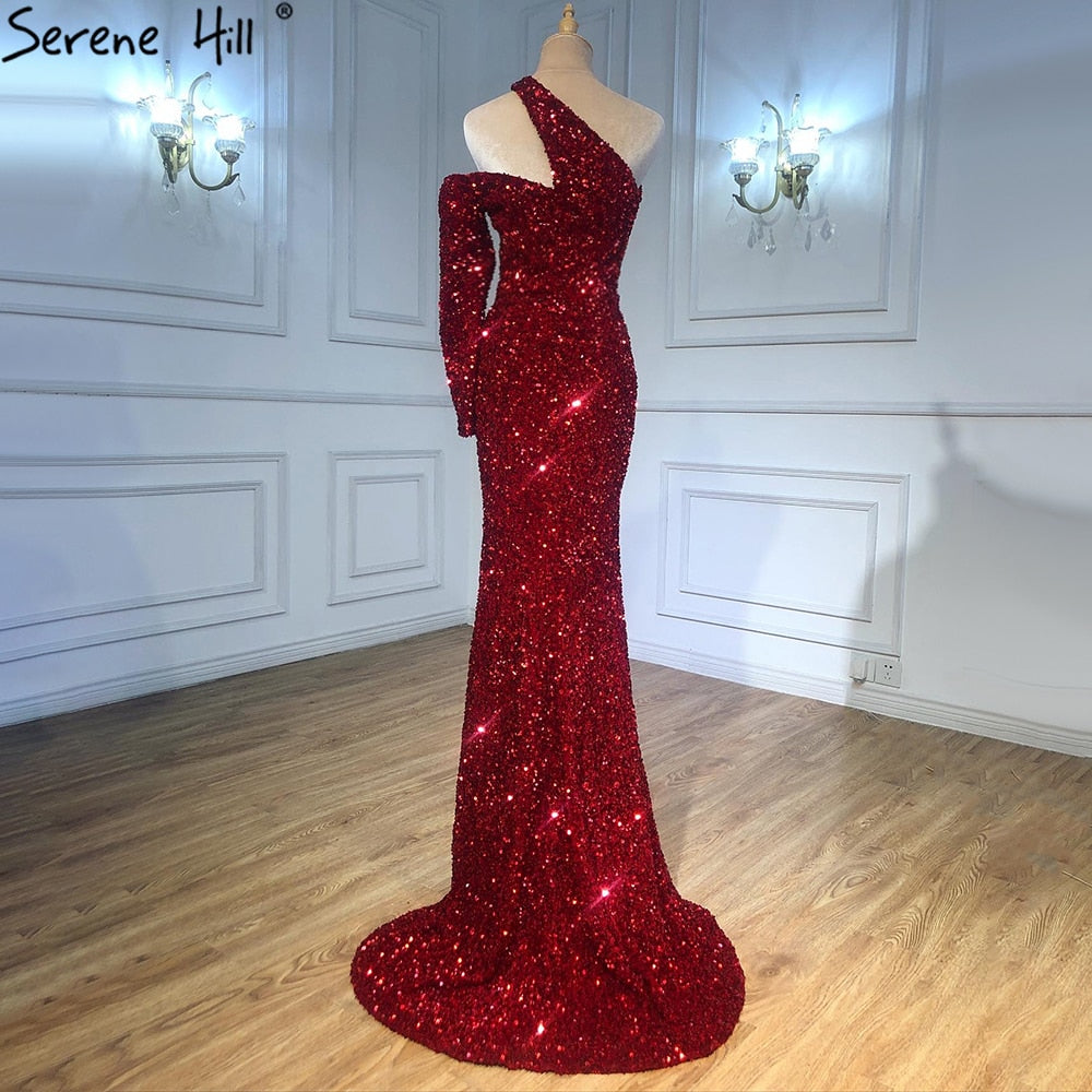 Vestidos de noche elegantes de sirena color vino tinto con brillo 2025, de lujo, con un solo hombro para mujer, para fiesta LA71306 