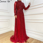 Vestidos de noche musulmanes de lujo color vino tinto 2025, corte A, con cuentas brillantes, para mujer, fiesta LA70991 