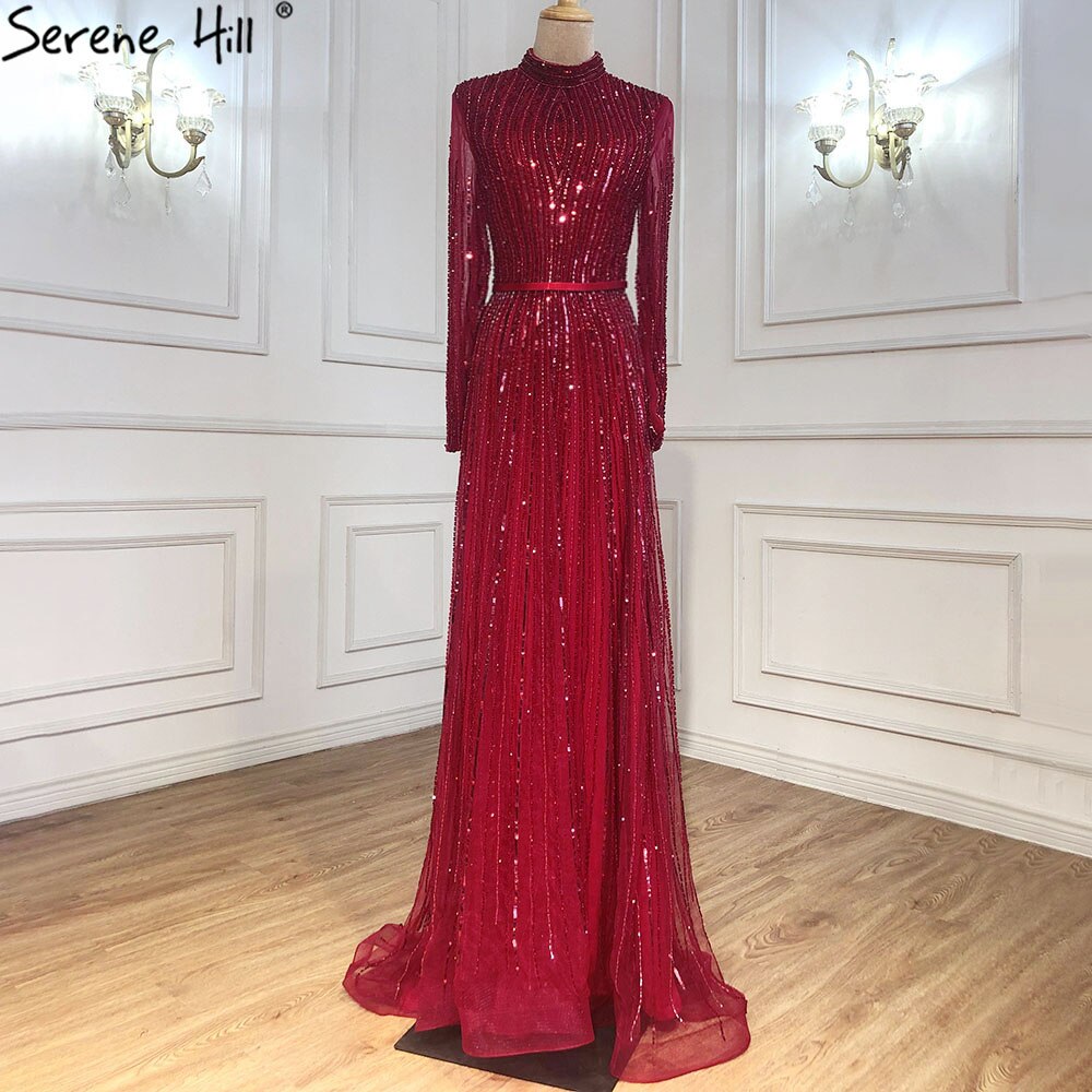 Vestidos de noche musulmanes de lujo color vino tinto 2025, corte A, con cuentas brillantes, para mujer, fiesta LA70991 