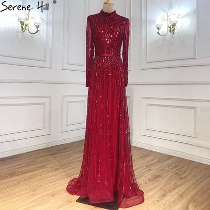 Wine Red Muslim Luxury Evening Dresses Gowns 2025 A-Line Sparkle Beaded For Women Party LA70991