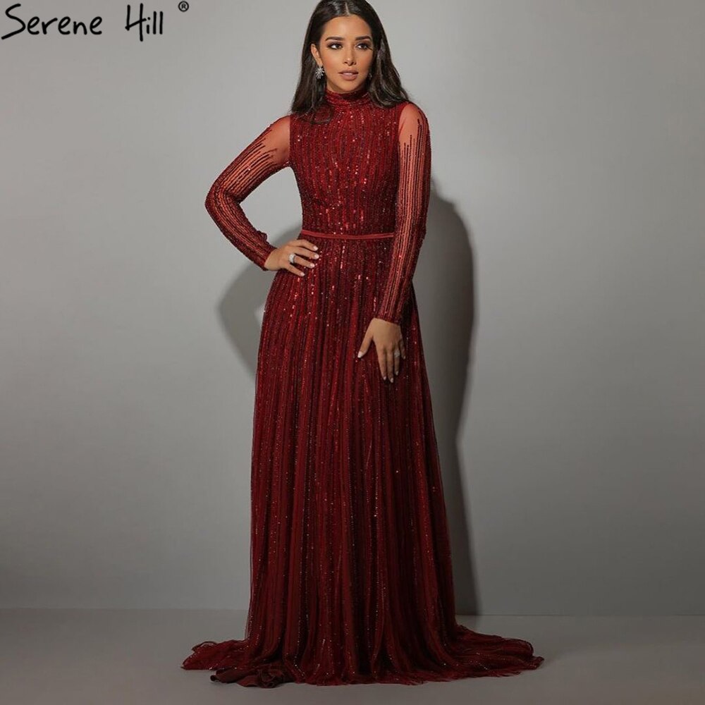 Wine Red Muslim Luxury Evening Dresses Gowns 2025 A-Line Sparkle Beaded For Women Party LA70991