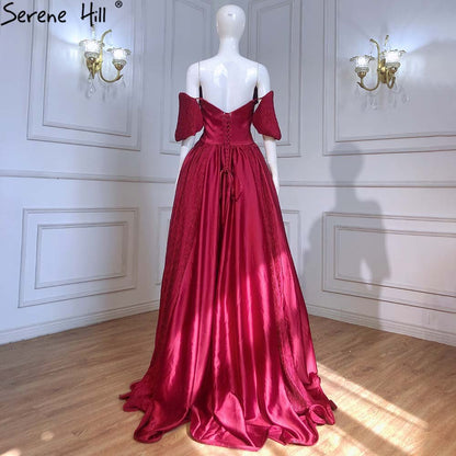 Wine Red Satin Evening Dresses Gowns 2025 A-Line Simple Short Sleeve Sexy For Women Party LA71347