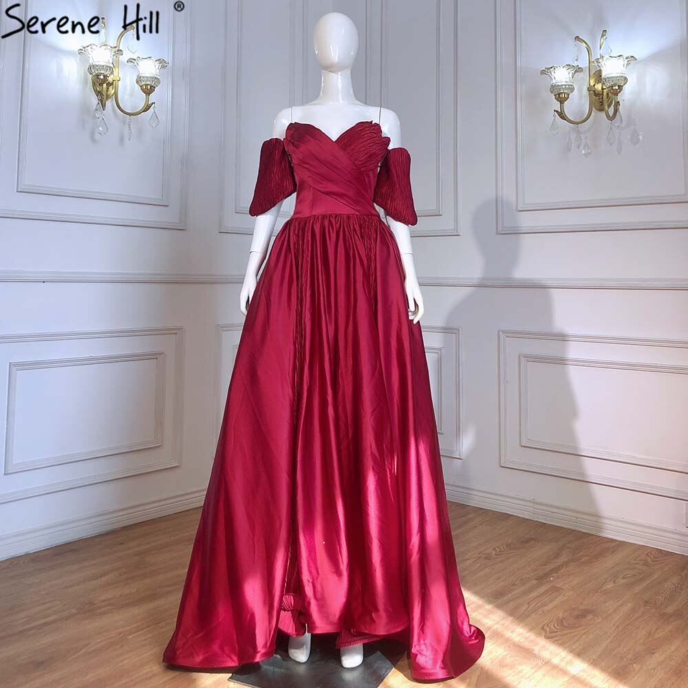 Wine Red Satin Evening Dresses Gowns 2025 A-Line Simple Short Sleeve Sexy For Women Party LA71347