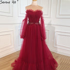 Vestido de noche rojo vino, sencillo y sexy, con mangas largas abullonadas y cordones, para mujer, vestido de fiesta HA2443 