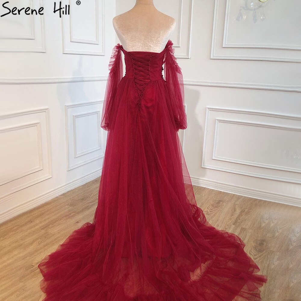 Vestido de noche rojo vino, sencillo y sexy, con mangas largas abullonadas y cordones, para mujer, vestido de fiesta HA2443 
